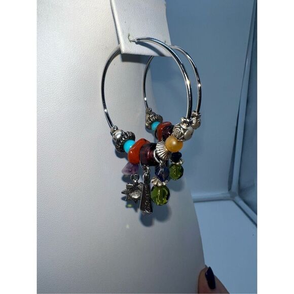 Boho Silver Tone Charm and Stone Dangle Charm Hoop Earrings - Picture 3 of 8